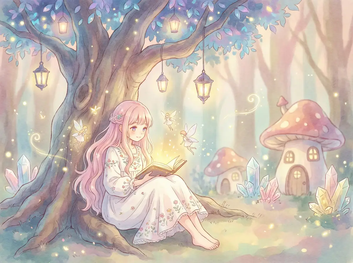 抑欲人妻 - 魔法森林中阅读故事书的粉发少女与精灵